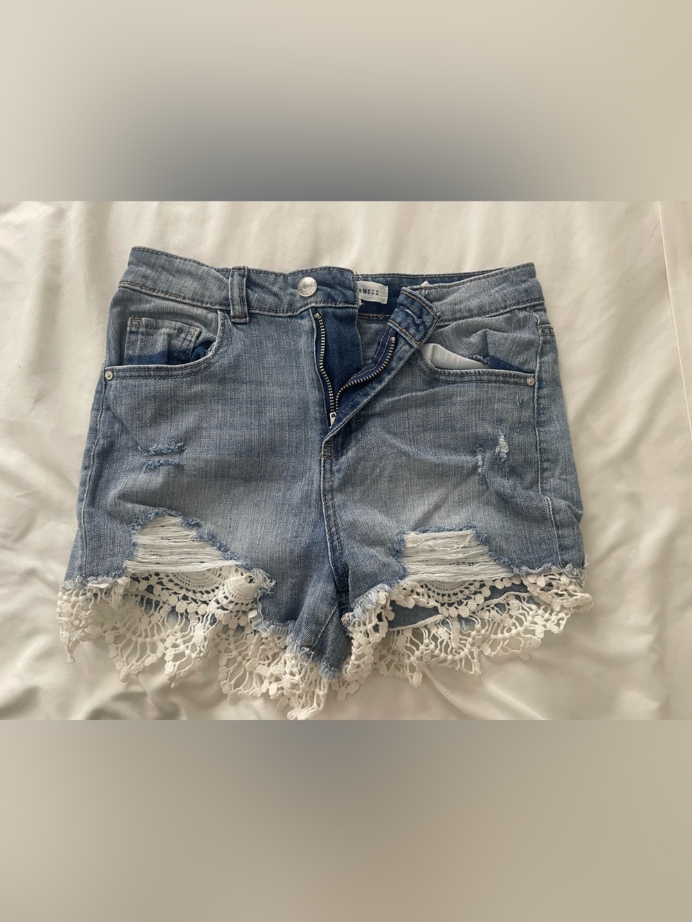 Almost Famous Light Blue Denim Shorts with White Crochet Trim